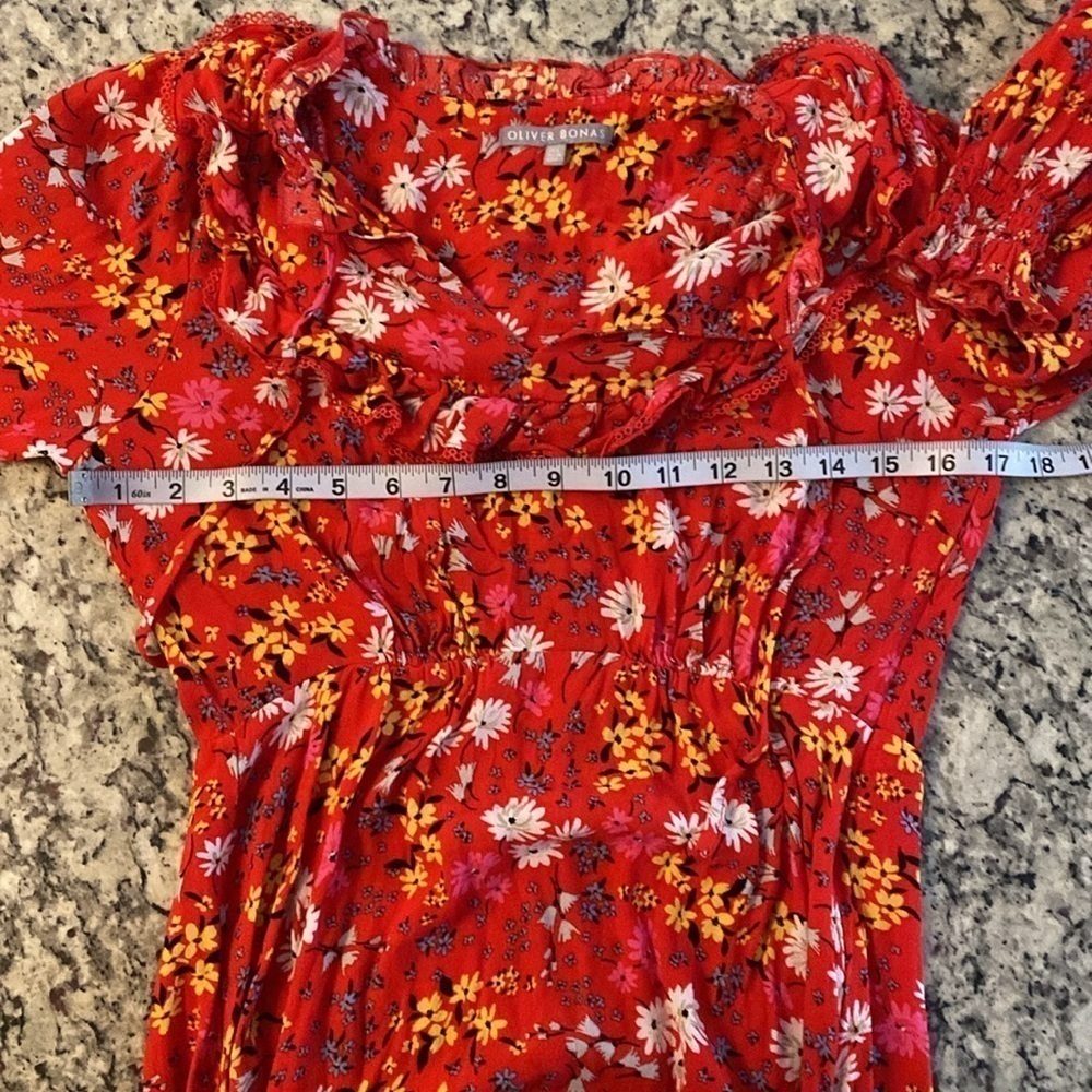 Oliver Bonas Floral Print & Frilled Bib Trim Red Midi Dress 2 EE29 - Picture 15 of 16